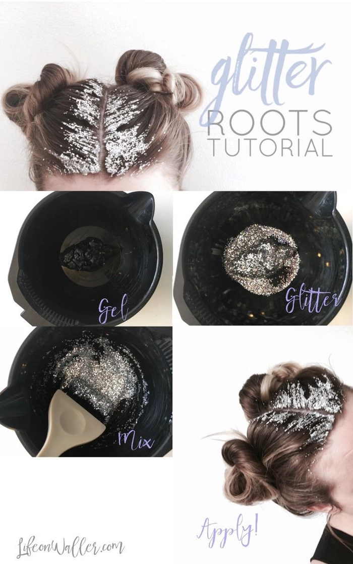 Woman with festive New Year's Eve hairstyle showing glitter applied at the roots