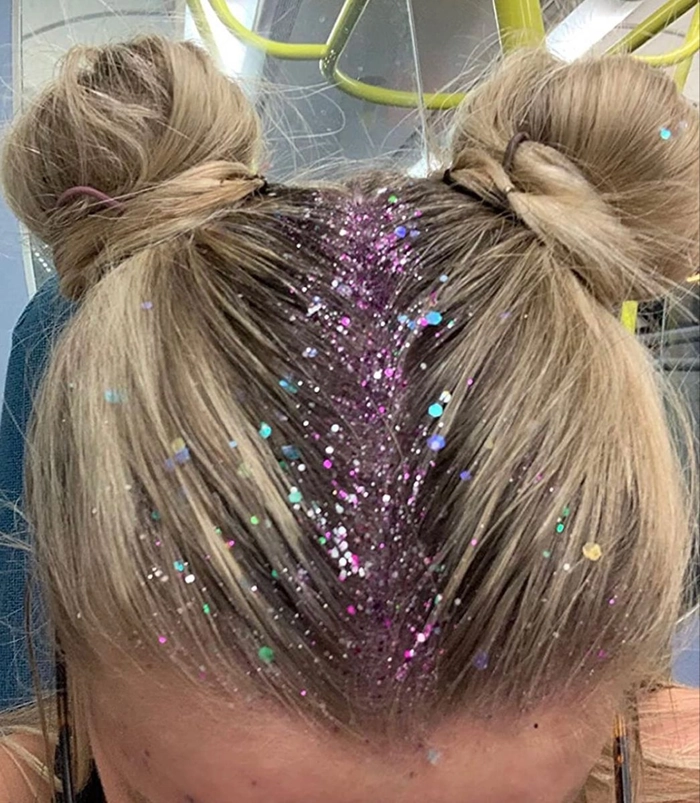 Stunning New Year's Eve hairstyle with glitter root application for festive party look