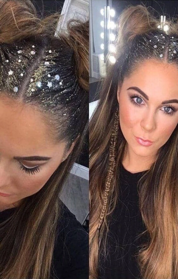 Glitter root application on a New Year's Eve party hairstyle, close-up of sparkly roots