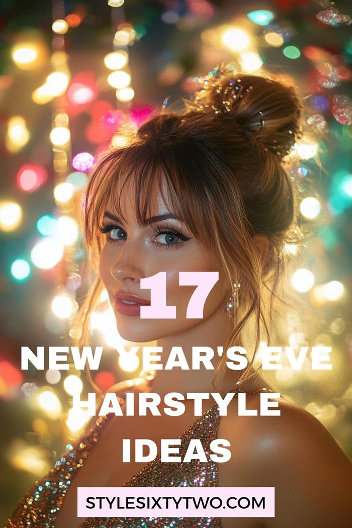 Sleek updo hairstyle complementing a metallic mini dress for New Year's Eve