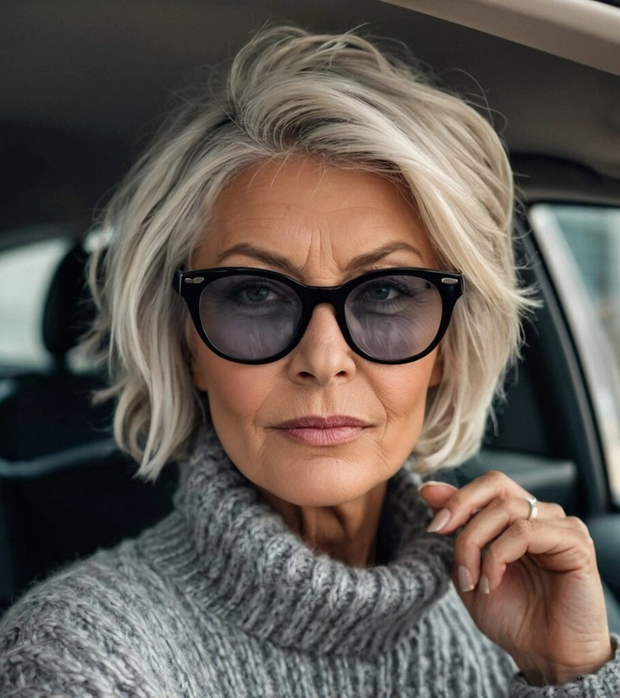 Elegant short party hairstyle for women over fifty Woman over fifty with a chic short party hairstyle, looking festive