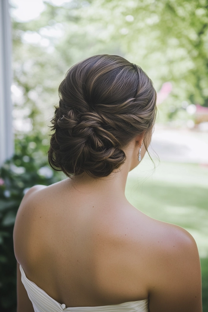 Elegant updo hairstyle complementing a strapless sequin dress for a party look