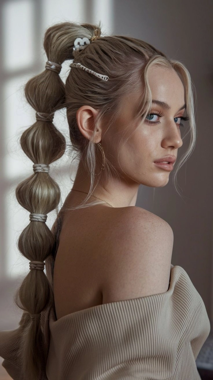 Elegant bubble ponytail for a stylish party look Modern prom bubble ponytail hairstyle with a sleek finish