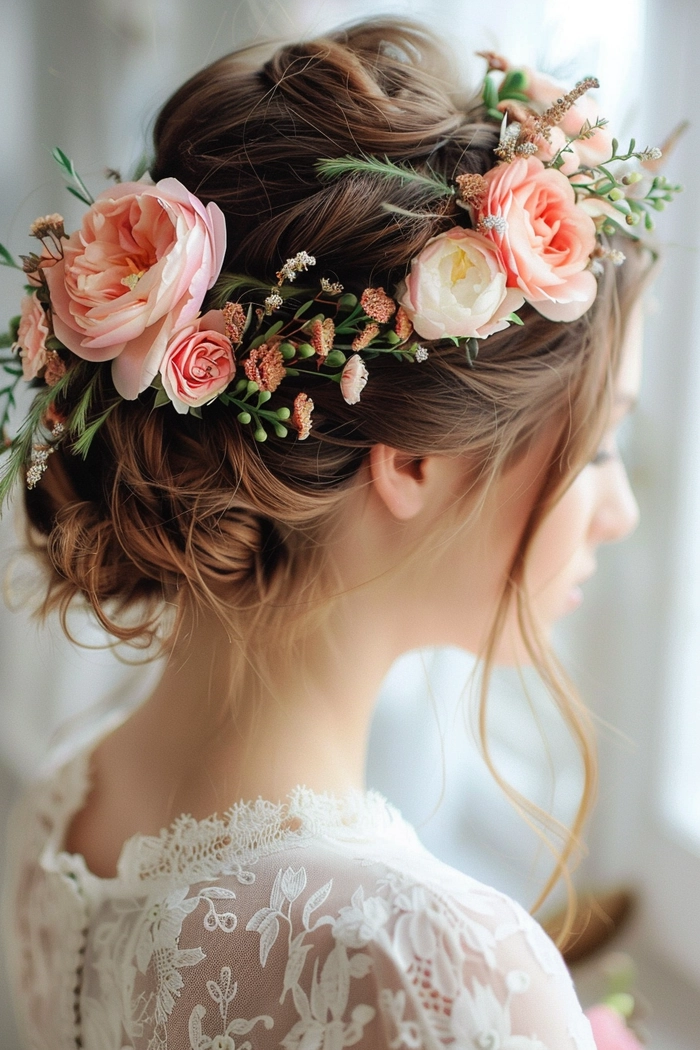 Elegant prom hair featuring a crown of fresh flowers Prom hairstyle with fresh flower crown woven into updo