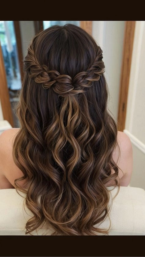 Party hairstyle for prom featuring medium wavy hair with loose waves and sparkle Medium length wavy prom hairstyle with soft curls and floral accents