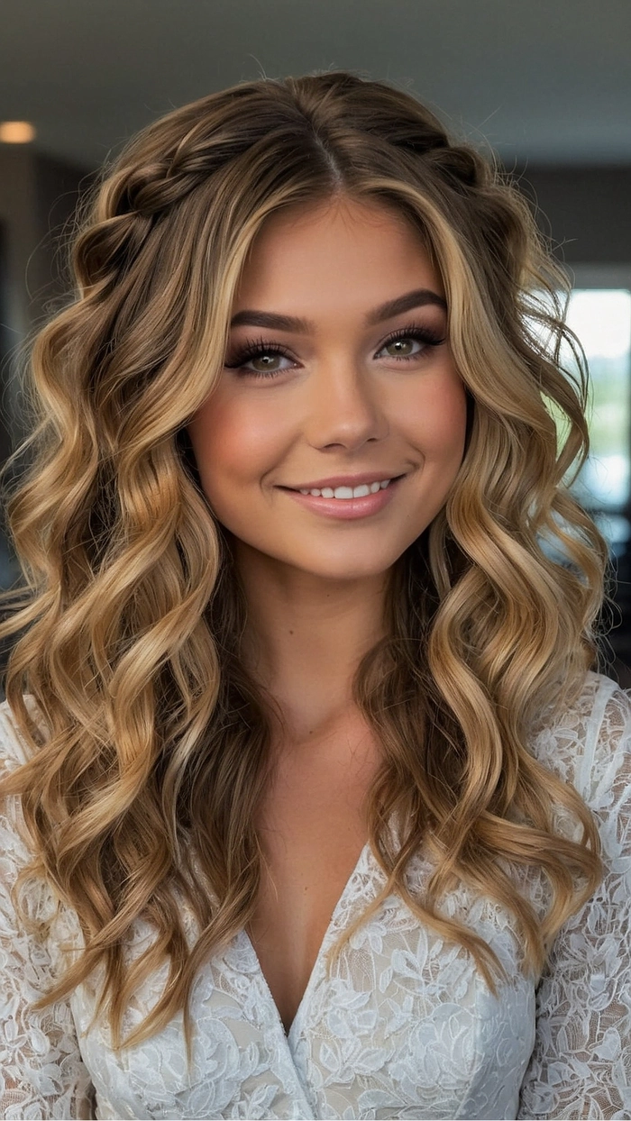 Prom hairstyle for medium length wavy hair - half-up glamorous look with delicate accessories Elegant prom updo for medium wavy hair with braided crown and soft curls