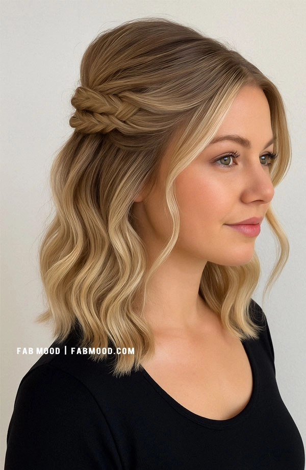 Prom Hairstyle for Wavy Medium Length Hair - Party Look Prom hairstyle for medium length wavy hair with soft curls and a side braid