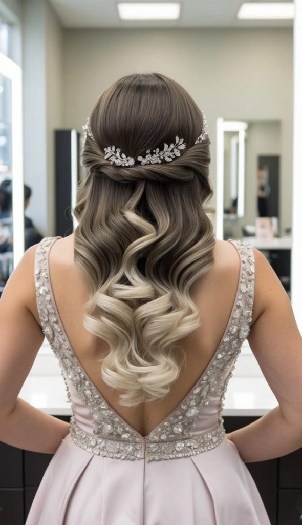 Elegant updo hairstyle for prom with ombre treated hair showing soft waves and volume