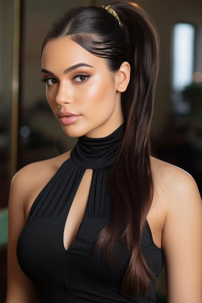 Sleek high ponytail paired with cocktail attire for a party look