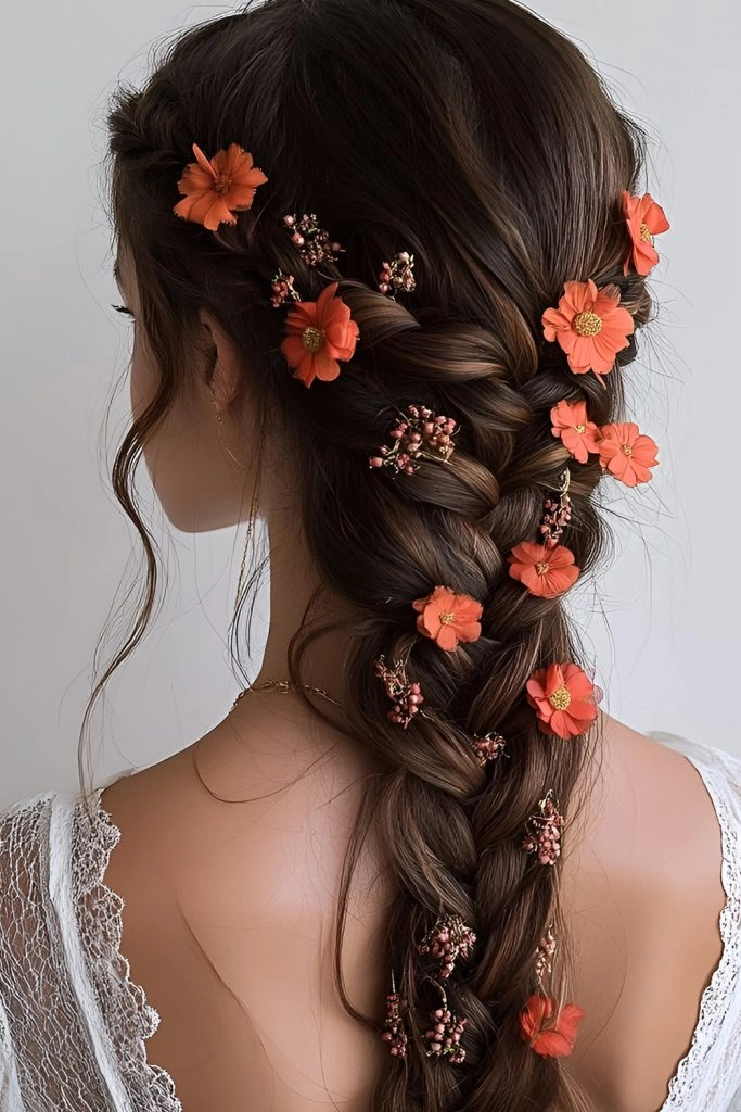 Spring Prom Floral Accessorized Updo with Delicate White Blossoms and Loose Curls A chic spring prom updo adorned with fresh floral accessories, featuring twisted braids and soft curls