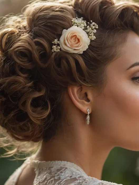 Elegant party hairstyle featuring spring flowers Spring prom updo with floral hair accessories