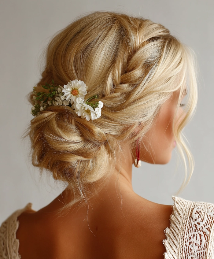 Spring prom floral accessorized updo style Floral accessorized updo for a spring prom party hairstyle