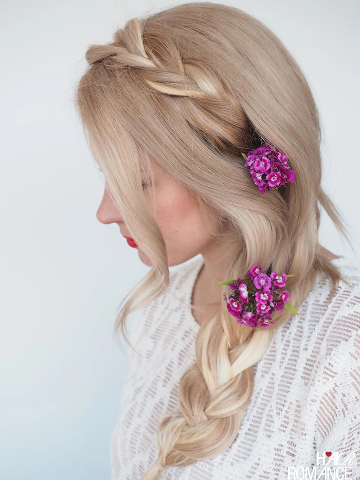 Elegant braided updo for an outdoor summer wedding A braided hairstyle for a guest at a summer outdoor wedding