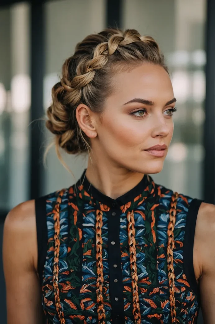 Elegant braids for outdoor wedding party hairstyles Side-swept braided updo for a summer outdoor wedding guest.