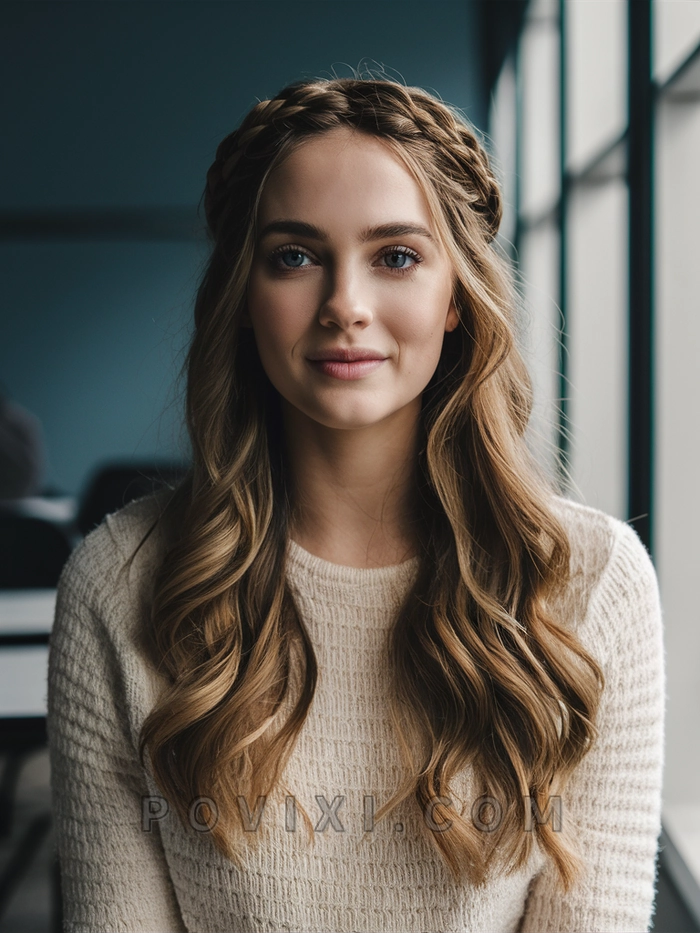A college student models a trendy club hairstyle with braided details and a smooth finish for a party look.