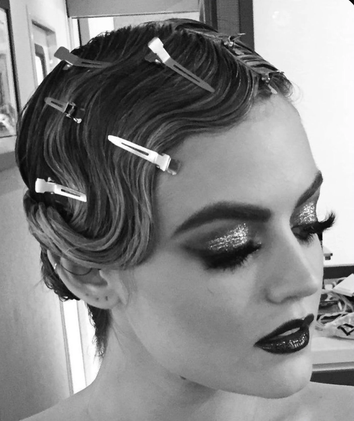 Vintage Great Gatsby party finger waves hairstyle with bold waves and intricate side-swept details
