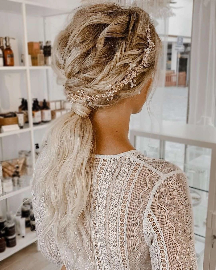 Wedding guest hairstyle sparkling with crystal hairpin accents