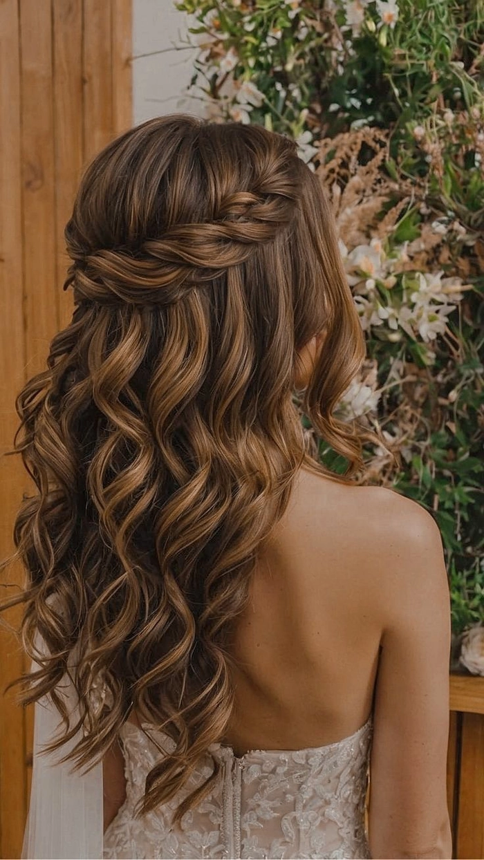 Medium curly hair swept into a sophisticated gala hairstyle with winter accessories