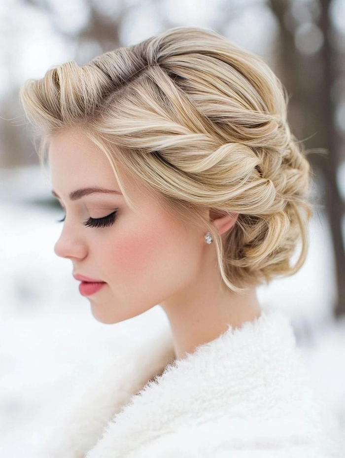 Elegant winter gala hairstyle for medium curly hair with delicate accessories