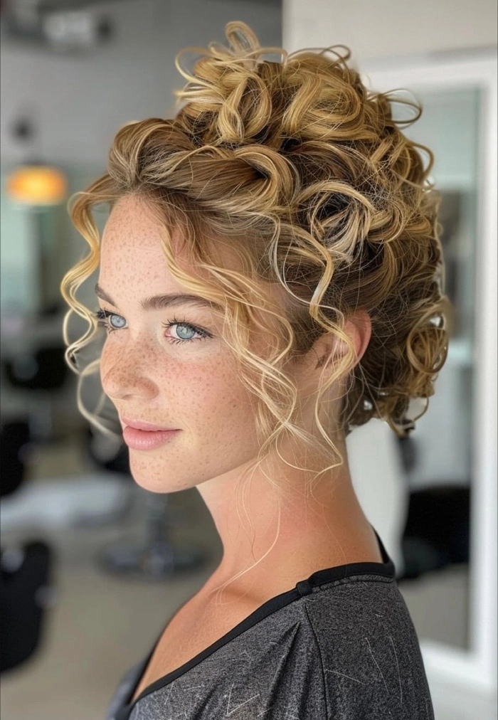 Winter gala updo with defined curls on medium hair