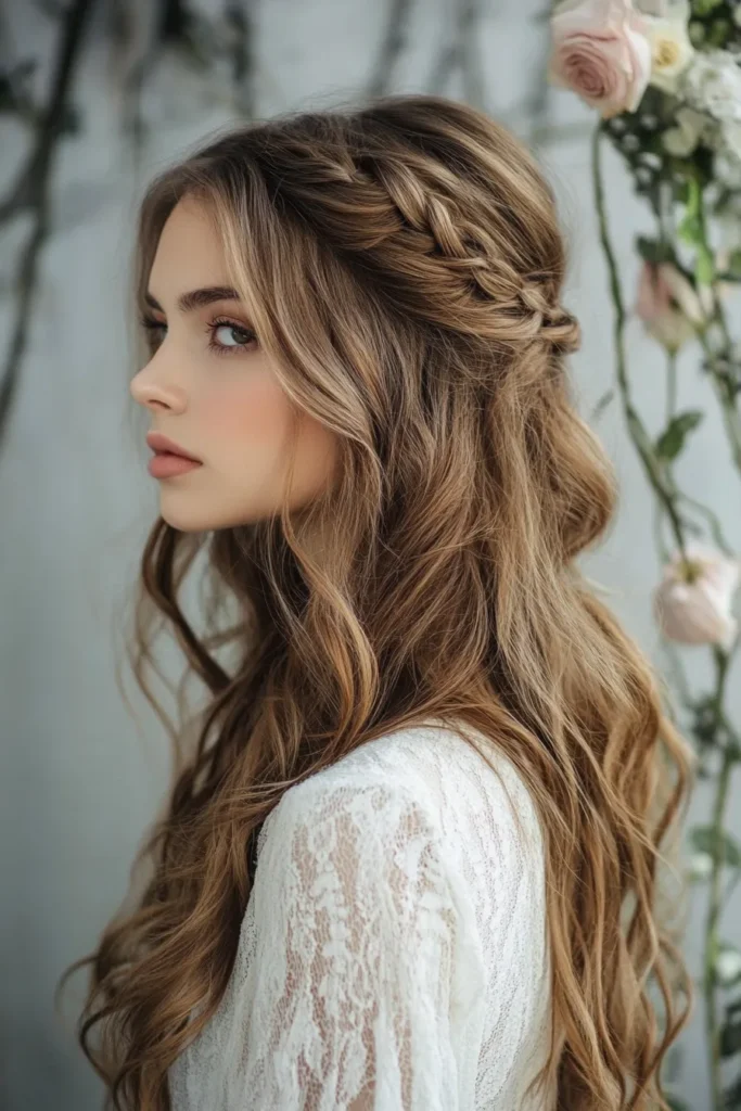 Boho chic prom hairstyle featuring loose waves and delicate floral accessories