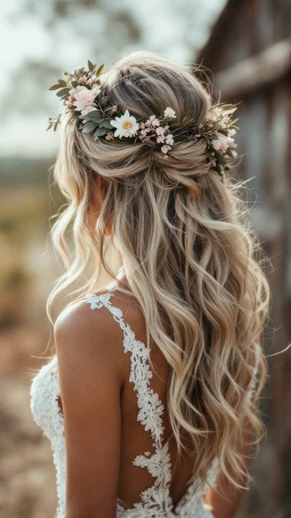 Boho chic prom hairstyle featuring loose waves and delicate accessories