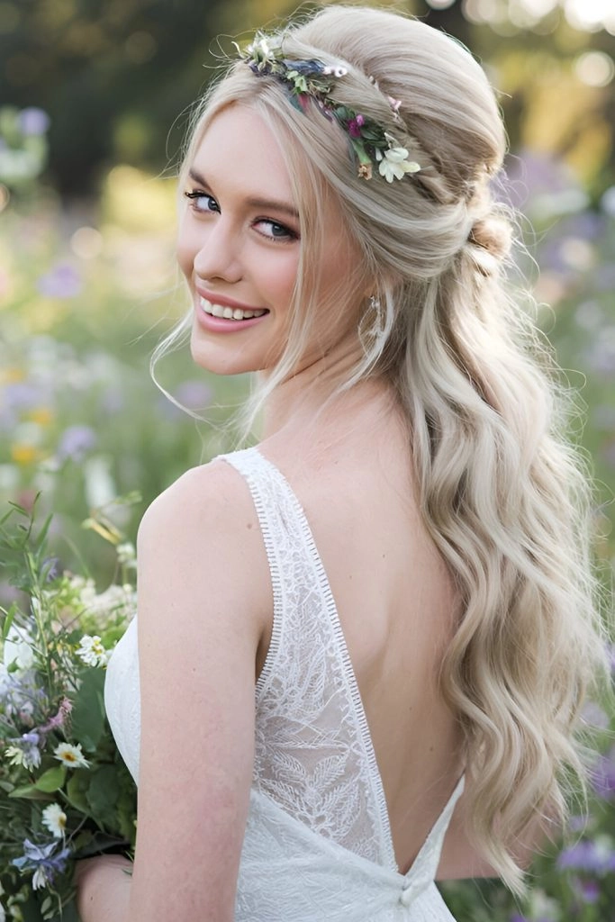 Boho chic prom hairstyle featuring loose waves and a floral hair accessory