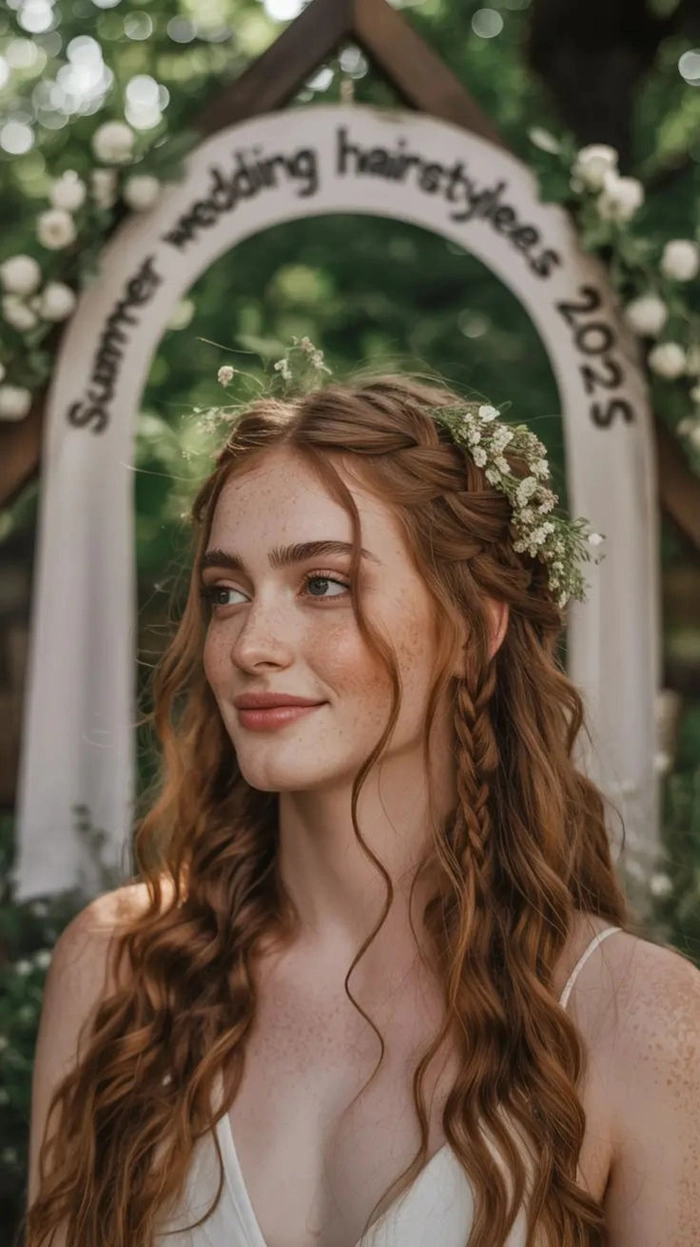 Boho chic prom hairstyle featuring loose waves with delicate floral accents