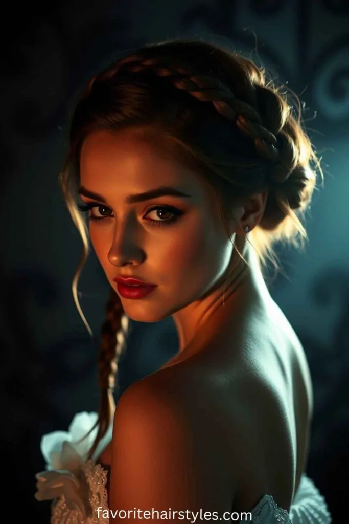 Stunning braided crown hairstyle perfect for prom night glamour Elegant braided crown prom hairstyle with soft curls