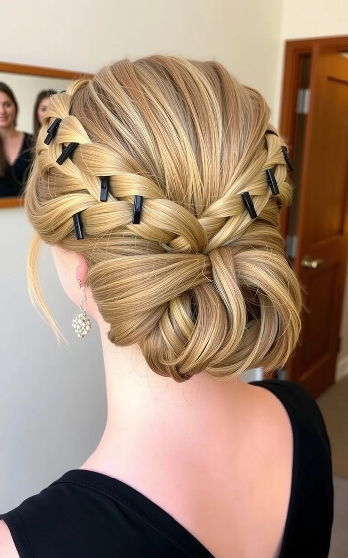 Braided crown prom hairstyle perfect for a formal event Elegant braided crown prom hairstyle with soft curls