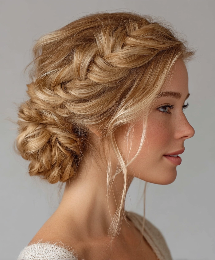 Braided crown updo perfect for prom night and special occasions Elegant braided crown prom hairstyle with floral accessories