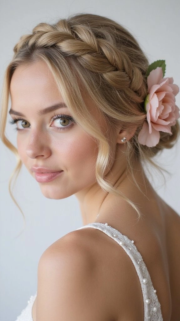 Stunning braided crown updo perfect for prom night glamour Elegant braided crown prom hairstyle with intricate twists and soft waves