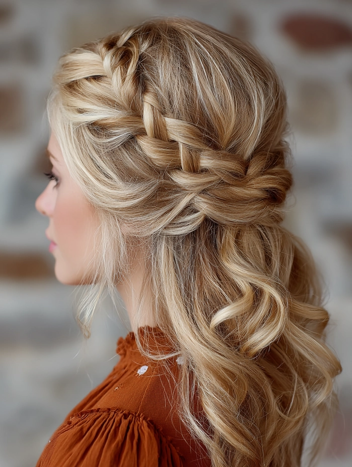 Elegant easy last minute prom hairstyle with soft curls and a braided crown