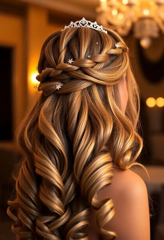 Braided Crown Prom Hairstyle Perfect for a Sophisticated Look Elegant braided crown prom hairstyle with soft curls and floral accents