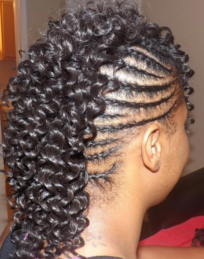 Elegant prom hairstyle featuring a braided mohawk with intricate detailing