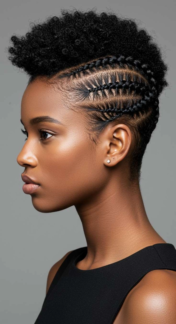 Elegant prom hairstyle featuring a braided mohawk with intricate detailing