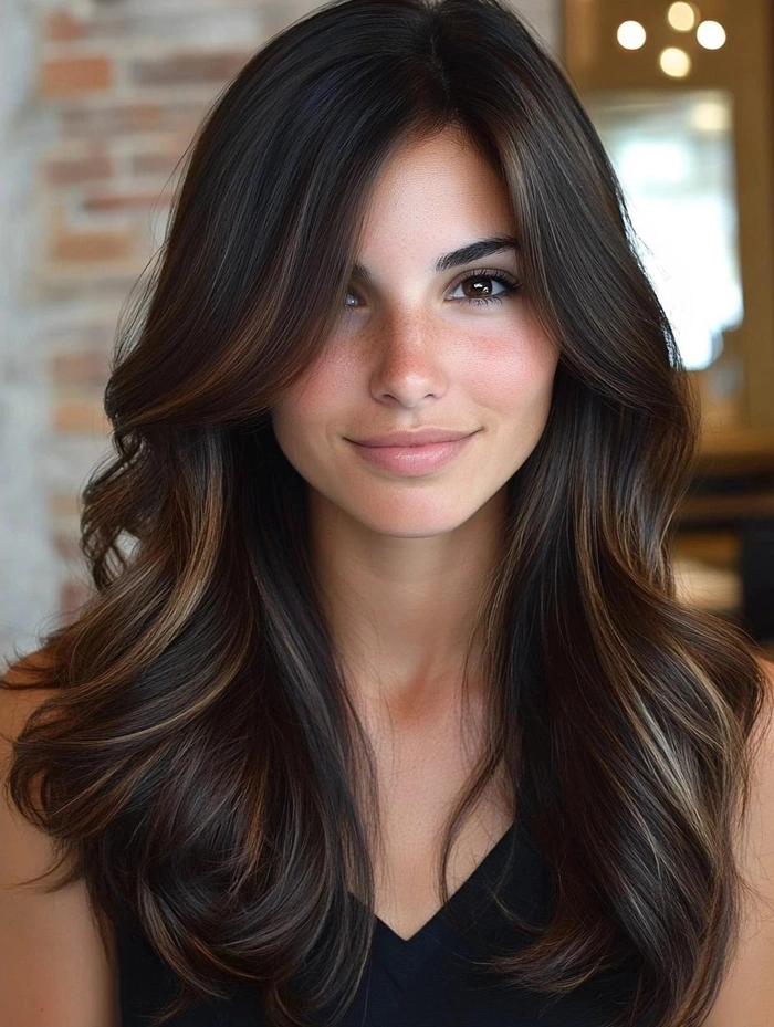 Elegant prom hairstyle for dark brunette balayage with soft curls and volume