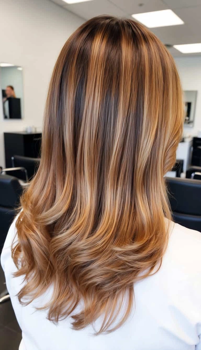 Elegant prom hairstyle showcasing caramel ombre hair with soft curls