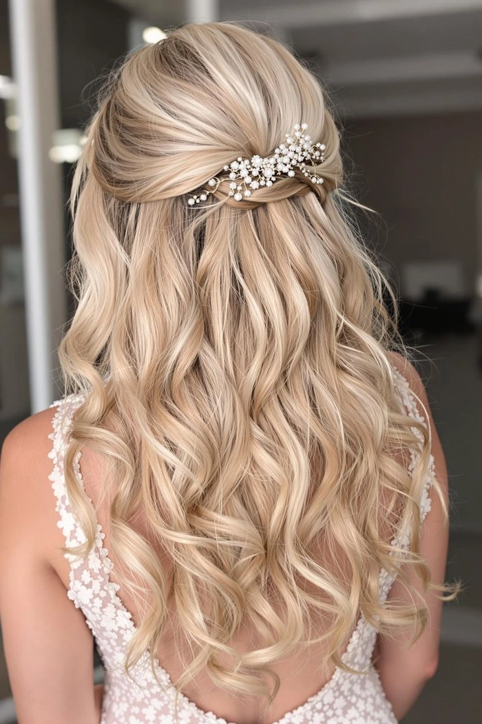 Chic garden-themed prom hairstyle with soft curls and flowers Elegant curly prom hairstyle with floral accents for a garden venue