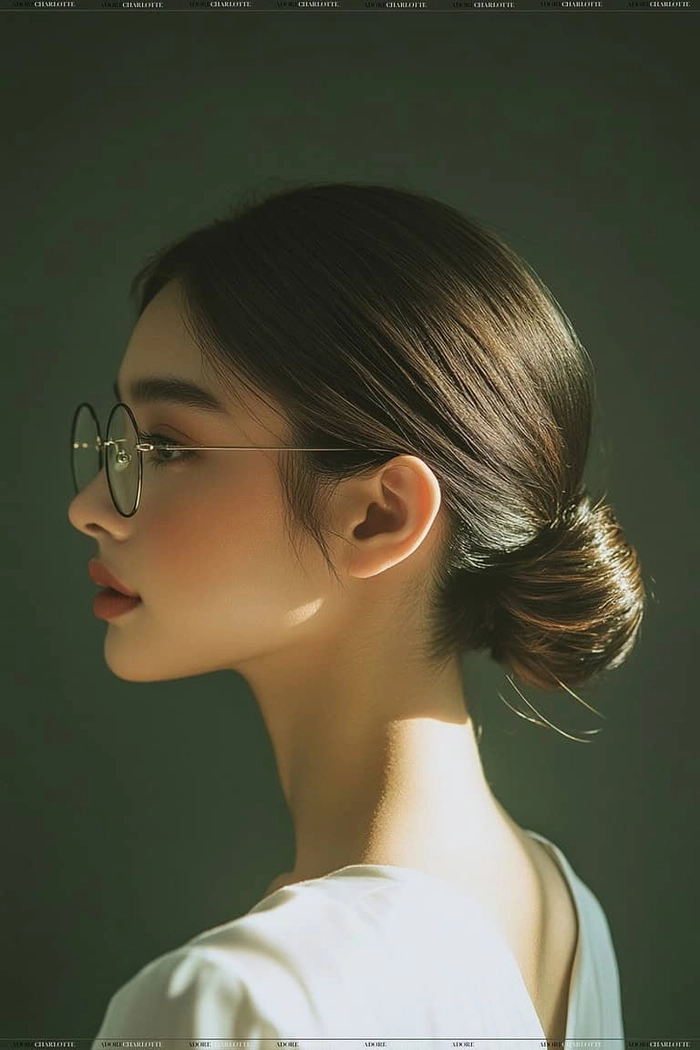 Elegant curly updo prom hairstyle perfect for wearing glasses