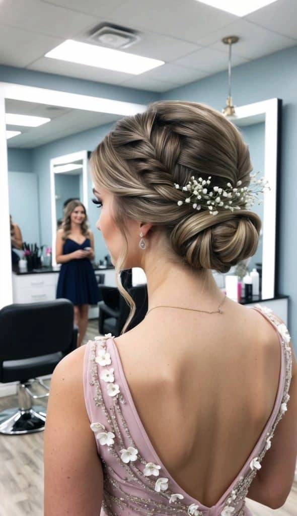Elegant curly updo prom hairstyle to match a blue dress