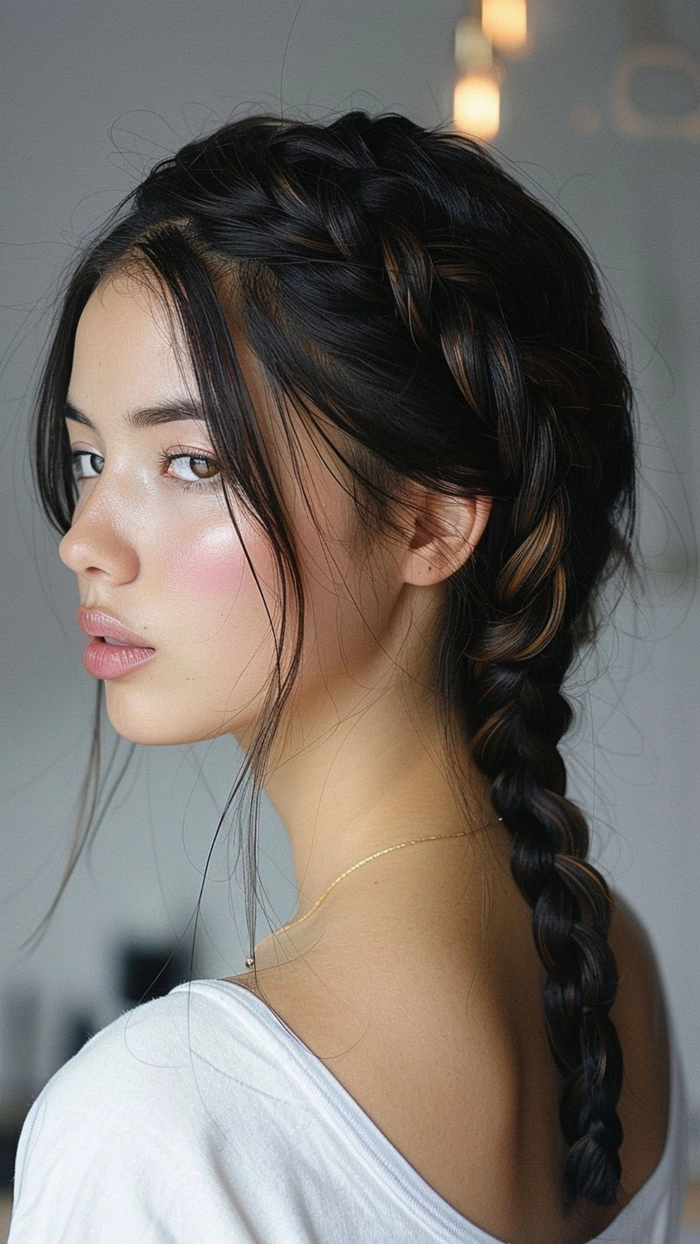 Prom hairstyles with a Dutch braid for a sophisticated evening look Elegant prom hairstyle featuring a Dutch braid woven into loose curls