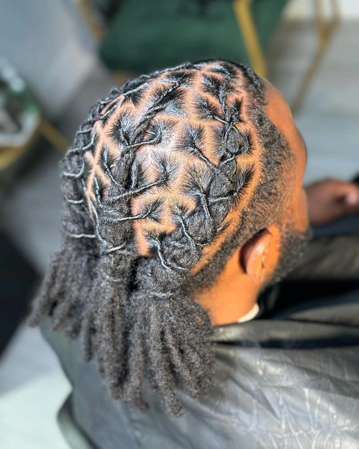 Elegant prom hairstyle showcasing locs styled in intricate twists with floral accessories