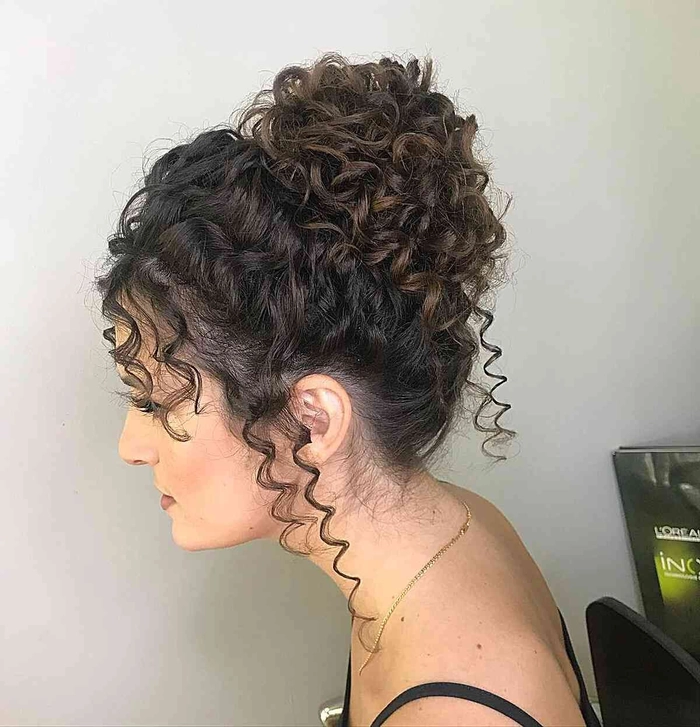 Elegant long prom hairstyle showcasing natural curly hair with defined ringlets