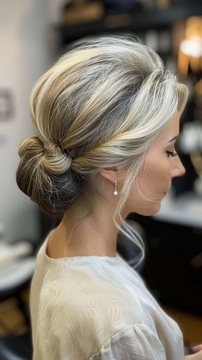 Sophisticated prom hairstyle featuring a graceful low chignon for formal events Elegant low chignon prom updo with soft curls and delicate hair accessories