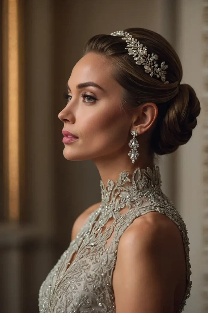 Sophisticated low chignon style perfect for a prom night hairstyle collection 5 Elegant low chignon prom updo with soft curls and delicate hair accessories