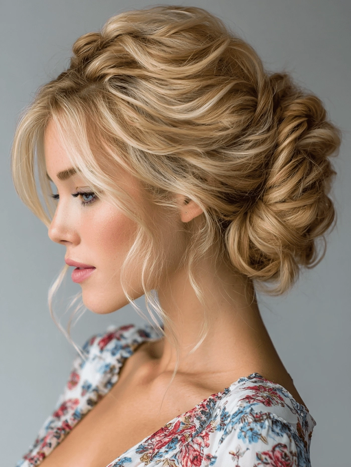 Sophisticated and timeless low chignon hairstyle perfect for prom nights Elegant low chignon prom updo with soft waves and delicate accessories