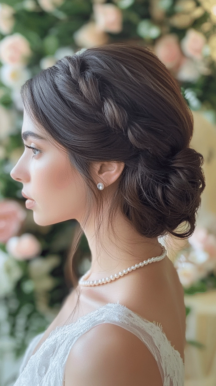 Sophisticated prom hairstyle featuring a classic low chignon with elegant finishing touches Elegant low chignon prom updo with soft curls and delicate accessories