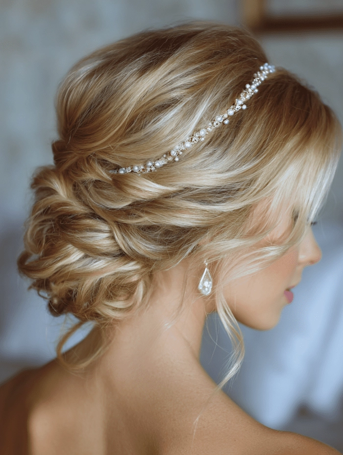 Sophisticated low chignon hairstyle perfect for prom and formal events Elegant low chignon prom updo with soft curls and delicate accessories