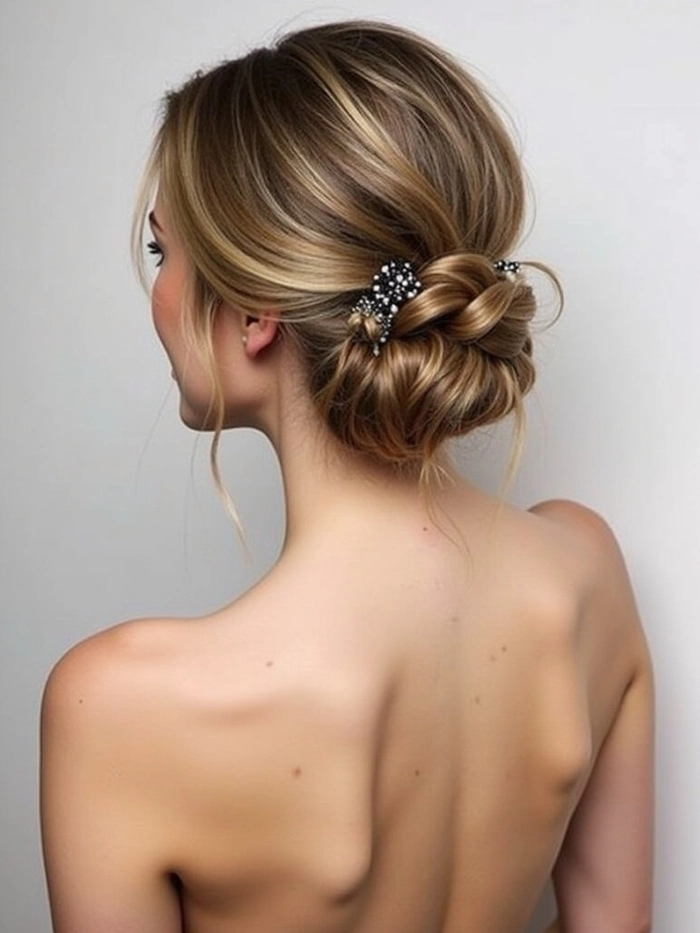 Elegant prom hairstyle featuring a low nape bun with soft curls